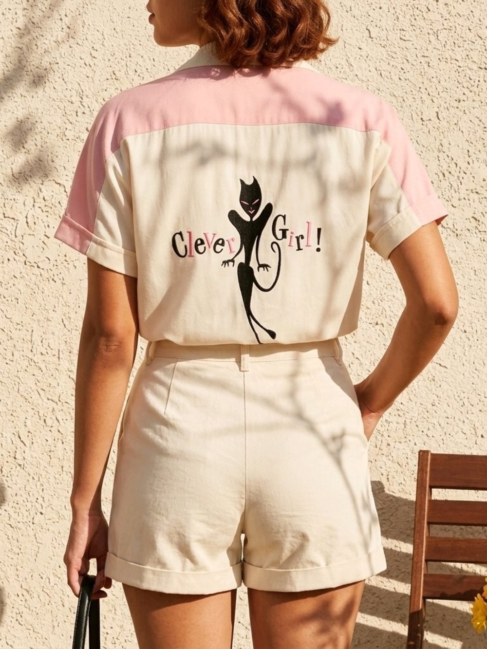 VINTAGE Cream and Pink 'Clever Girl' Short-Sleeve Blouse